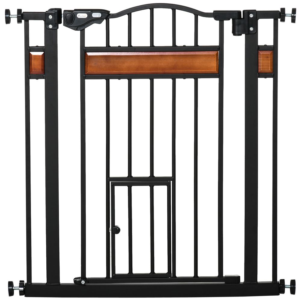 PawHut Dog Gate Pet Safety Gate W/ Cat Door Auto Close Pine Decor 74-80 centimeters Wide