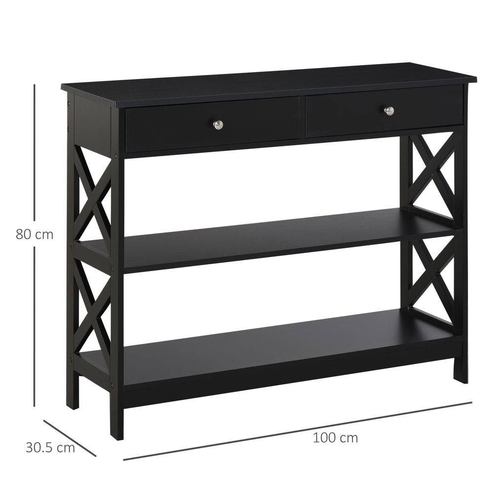 HOMCOM Console Table Side Desk w/Shelves Drawers Open Top X Support Frame Living Room Hallway Home Office Furniture Black