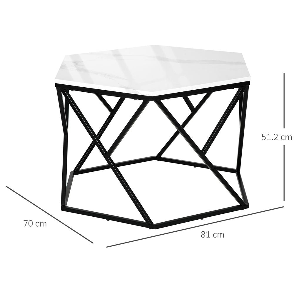 HOMCOM Hexagonal Coffee Table with High Gloss Marble Effect Table Top, Modern Cocktail Table with Steel Frame for Living Room, White