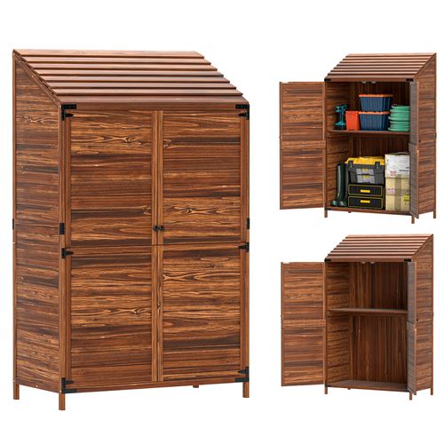 Outsunny Wooden Garden Storage Shed w/Double Doors and Shelves, Mixed-Brown