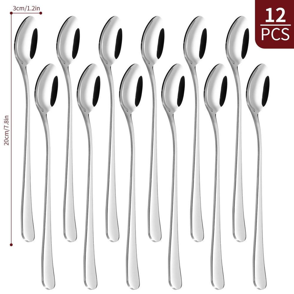 Vinsani Exquisite Long Handle Latte Spoons - 12pcs SS, Mirror-Polished - Durable and Elegant