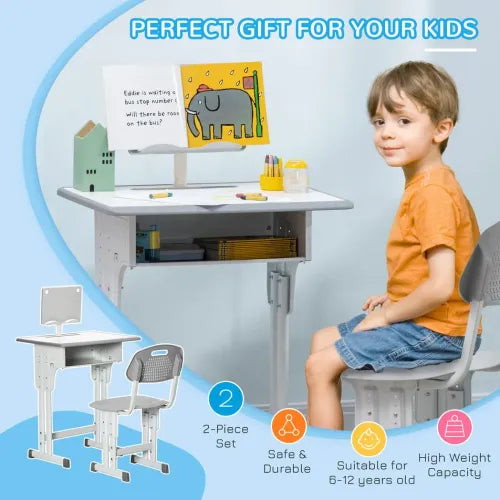 HOMCOM Kids Desk and Chair Set Adjustable Height Study Table Set w/Drawer, Book Stand, Pen Slot - Grey
