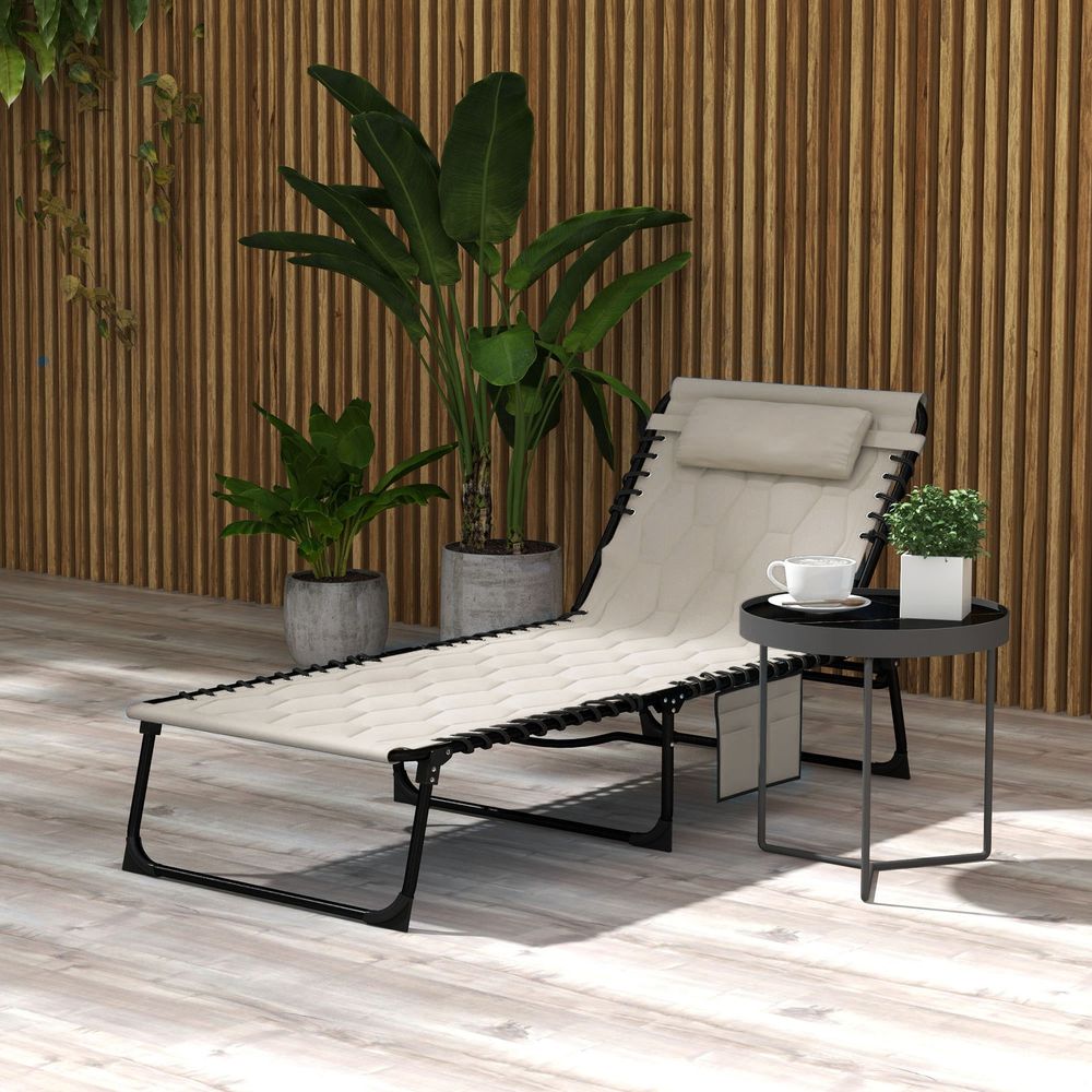 Outsunny Foldable Sun Lounger Recliner | Padded Seat | Khaki | Strong Metal Frame