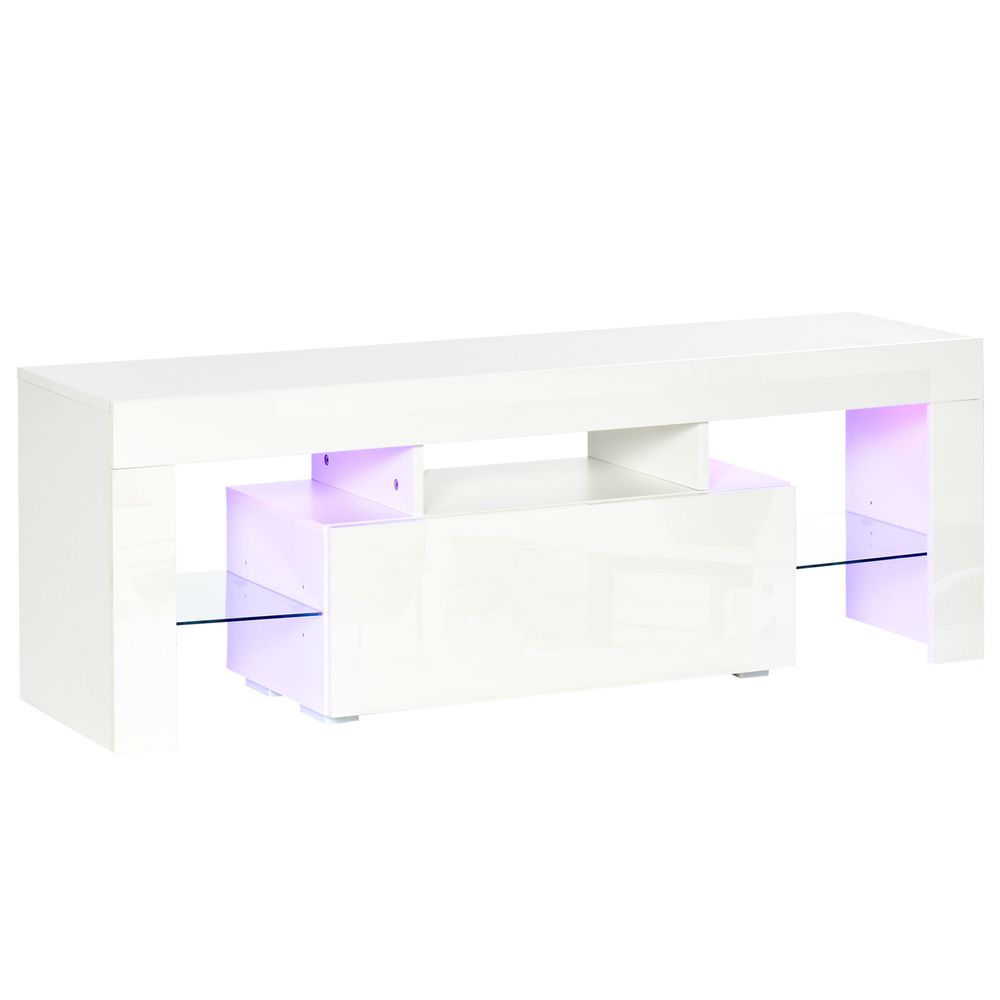HOMCOM High Gloss TV Stand Cabinet with LED RGB Lights and Remote Control for 43"/50"/55" TV, Media TV Console Table with Storage Compartment, White