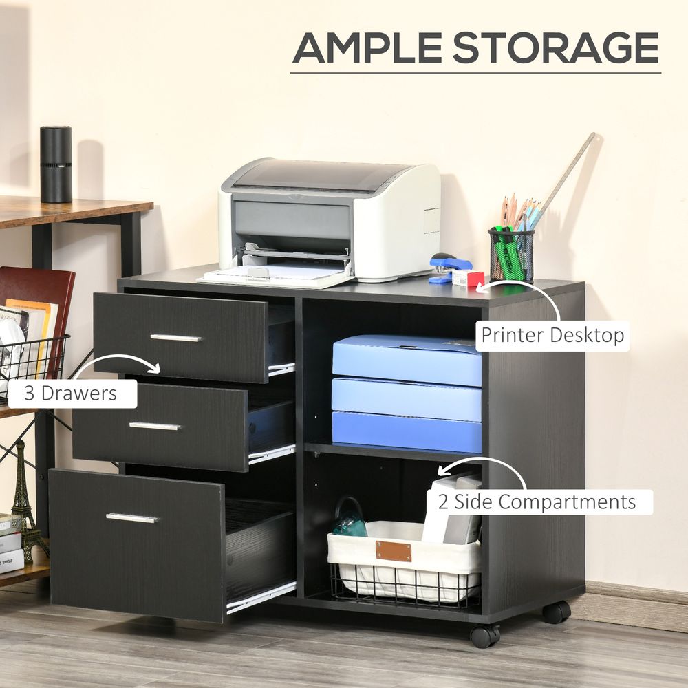 HOMCOM Freestanding Printer Stand Unit Office Desk Side Mobile Storage w/Wheels 3 Drawers, 2 Open Shelves Modern Style 80L x 40W x 65H cm - Black