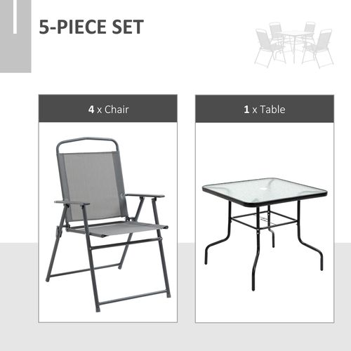 5Pc Garden Dining Set 4 Folding Chairs, Glass Top Table Texteline Seats, Black