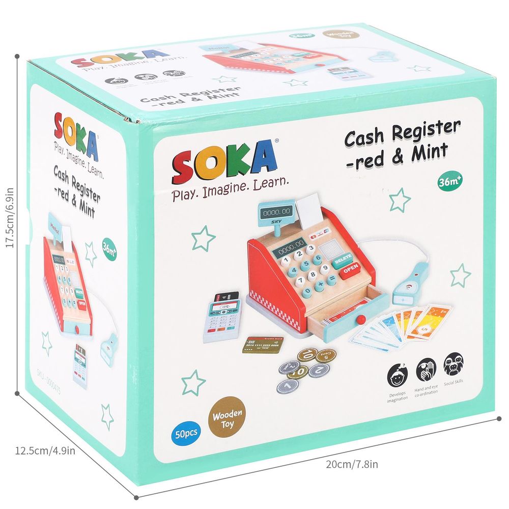 SOKA Wooden Cash Register-Red & Mint: Realistic Accessories, Authentic Game Experience - 0000475