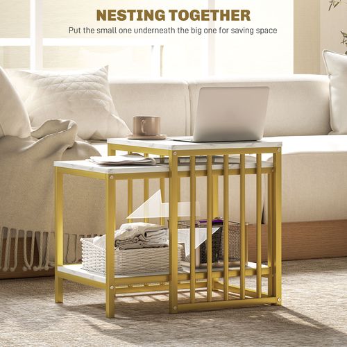 HOMCOM Modern Coffee Table Set of Two w/ Steel Frame Marble-Effect
