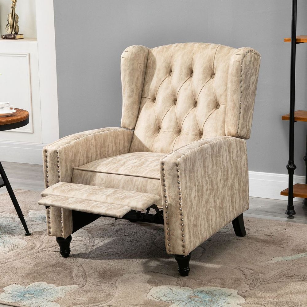 HOMCOM Marble Effect Manual Reclining Armchair w/ Footrest Studs Wood Legs Beige