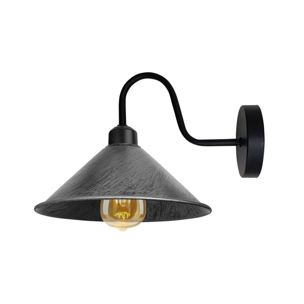 Vintage Wall Light Fixture, Brushed Silver, E27 Base, Black Cone Shade - Perfect for Indoor Lighting, 3 Year Warranty, CE/RoHS Certified
