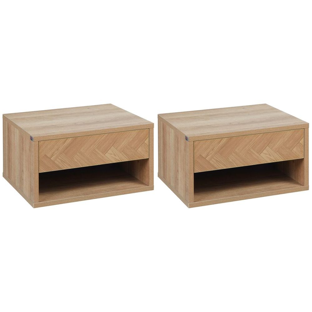 HOMCOM Floating Bedside Table Set of 2 Wall Mounted Nightstand W/ Drawer Natural