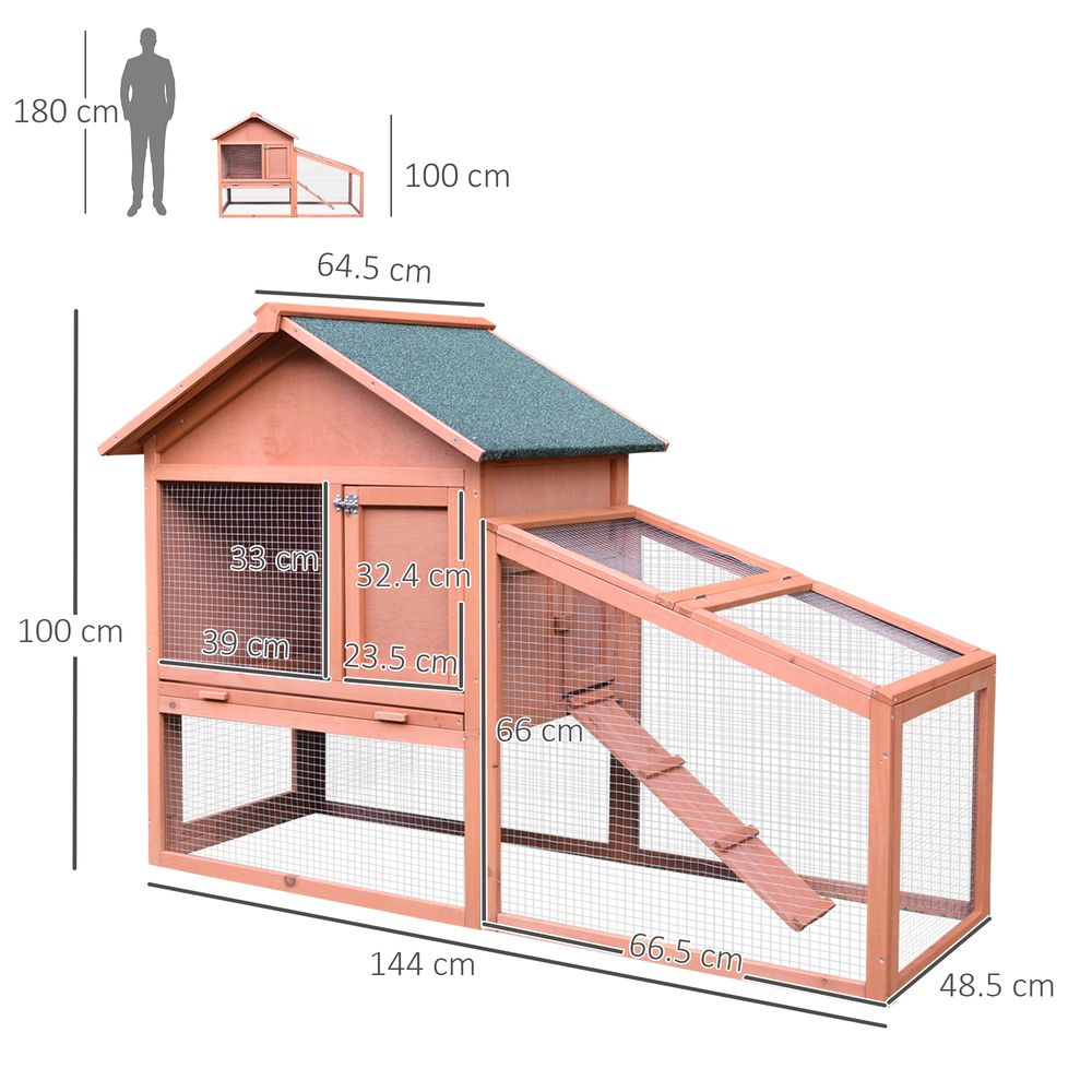 Pawhut 2-Tier Solid Wood Rabbit Bunny Guinea Pig Hutch Water Resistant Asphalt Roof Ramp Sliding Tray, 144 x 64.5 x 100 cm, 15 kg