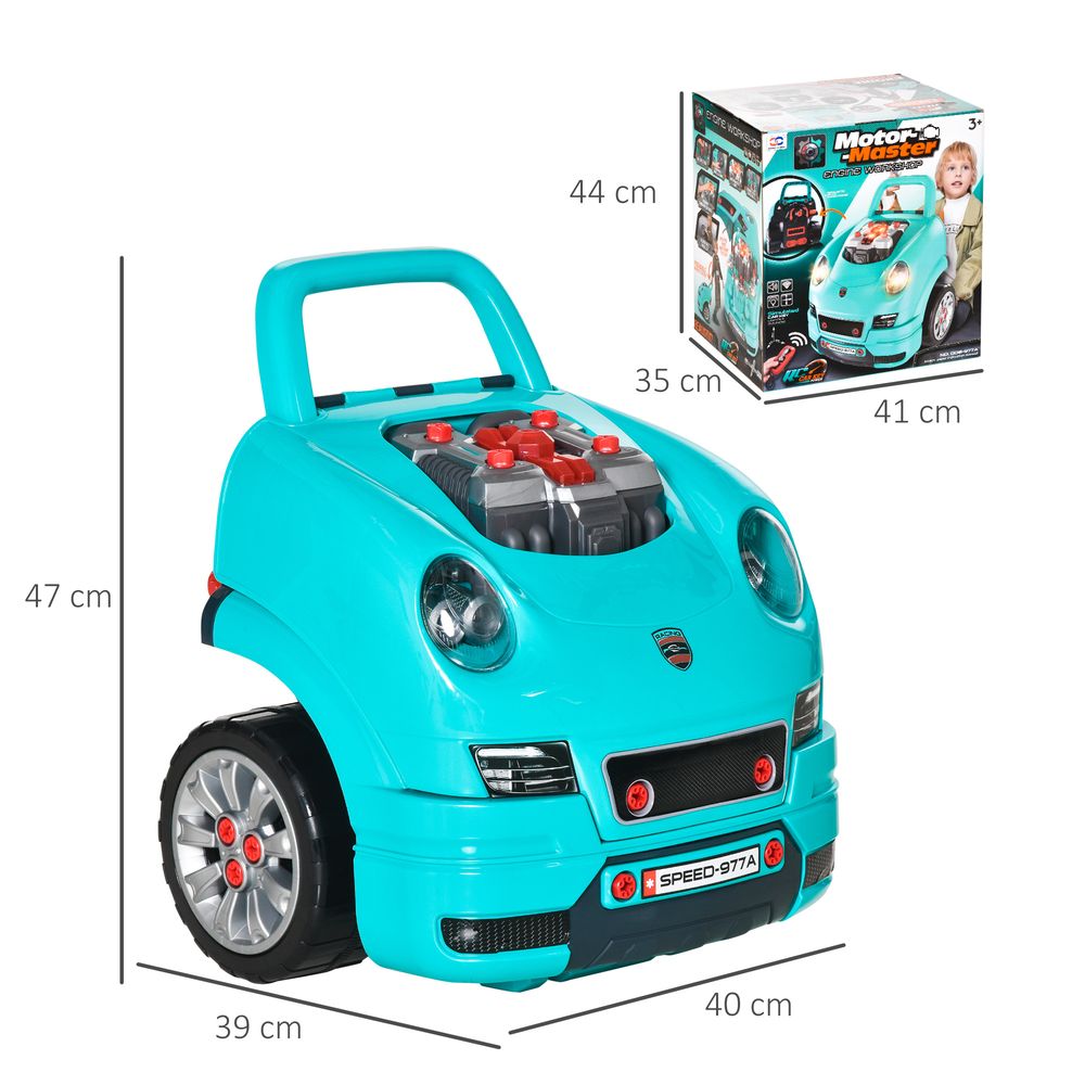 HOMCOM Kids Truck Engine Toy Set Toddler Educational Car Service Station w/RC Car Key Steering Wheel Horn Light, Mechanic Gifts for Ages 3-5 Years - Teal