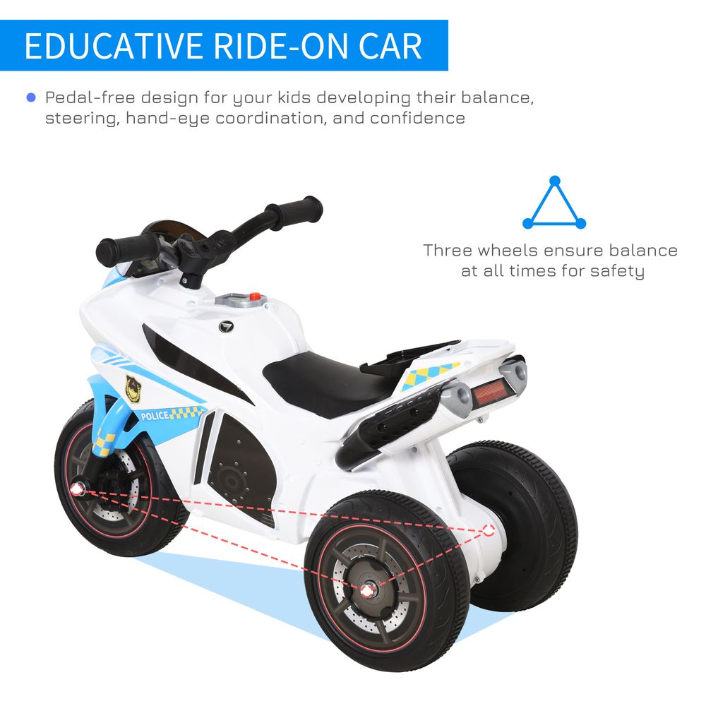 HOMCOM Kids Ride-On Police Bike 3-Wheel Vehicle w/Music Lights Safe Seat Handlebars Toddler NO POWER Child Learning Fun Development 18-36 Months Blue