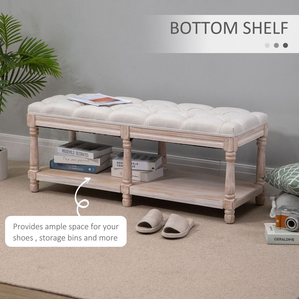 HOMCOM 2-Tier Bed End Bench, Vintage Stool, Wooden Window Seat with Storage Shelf, Button Tufted Upholstered Footstool for Living Room, Bedroom, Entryway, Cream White
