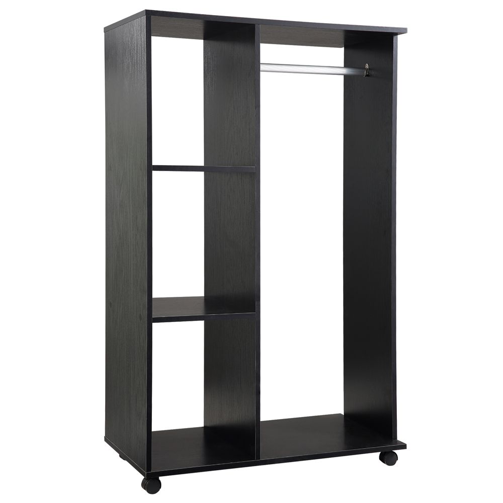 Space-Saving Rolling Open Wardrobe w/ Hanging Rail & Storage Shelves, Black - High Quality