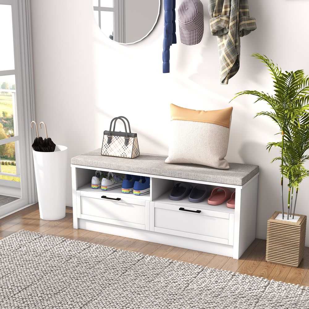 HOMCOM Shoe Bench with Removable Cushion, Open Compartments and Drawers