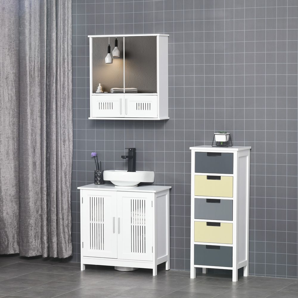 Bathroom Mirror Cabinet: Wall Mounted Storage Cupboard, Double Doors, White