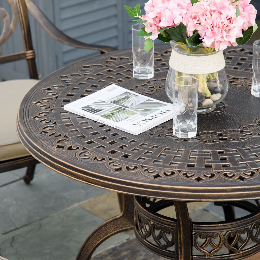 Premium Quality 4 Seater Dining Set | Cushions Included | Round Table with Parasol Hole | Bronze Finish