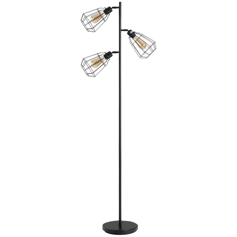 Premium Industrial Steel Birdcage Floor Lamp | 3 Lights | Round Base | Black