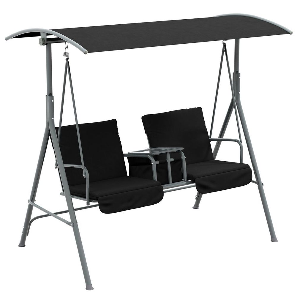 Outsunny 2 Person Patio Swing w/ Table & Storage - Black. Strong, Comfortable, Weather-Resistant. Easy Assembly. 220kg Capacity