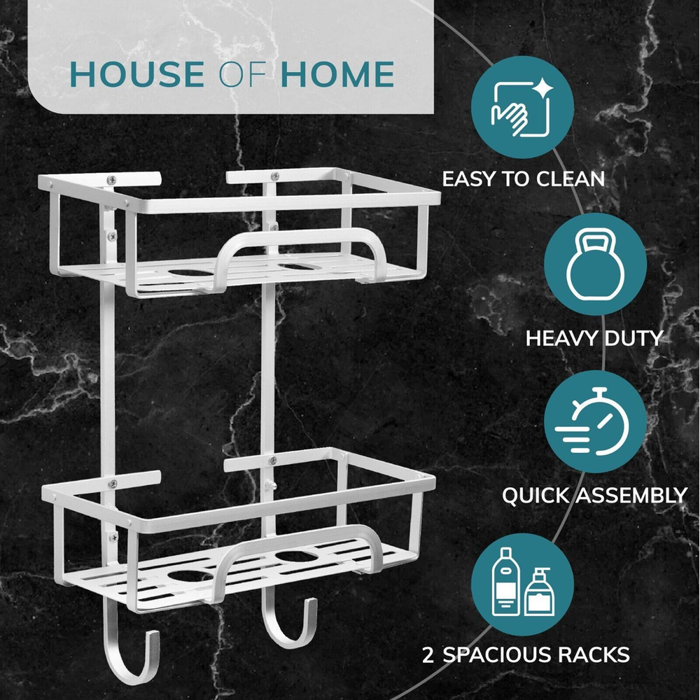 Self Adhesive 2 Tier Aluminium Shower Caddy with Bottom Hooks