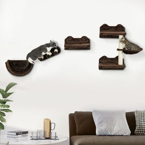 PawHut 4PCs Wall Mounted Cat Tree Cat Wall Shelves W/ Scratching Post