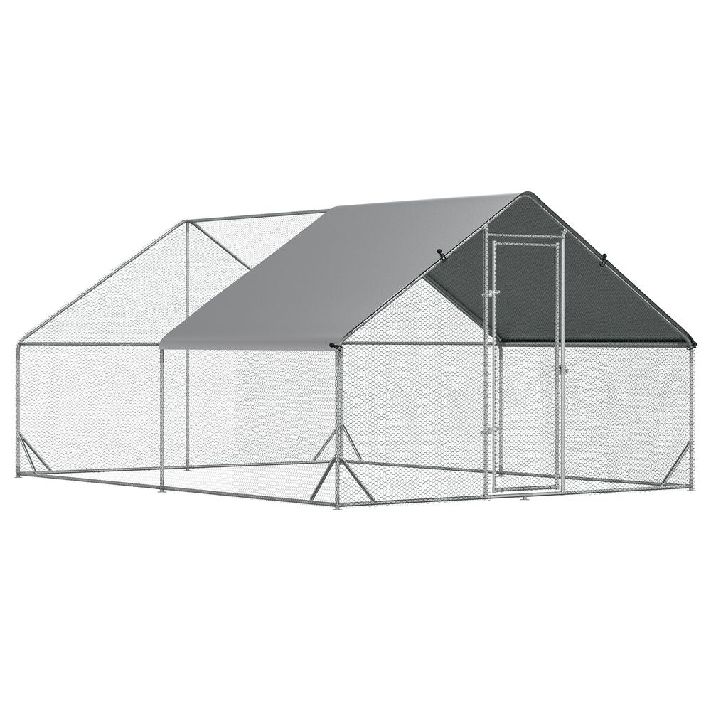 PawHut Chicken Run Galvanised Walk-in Chicken Coop Hen Poultry House Cage Rabbit Hutch Pet Playpen Garden w/Water-Resist Cover, 3 x 4 x 2m