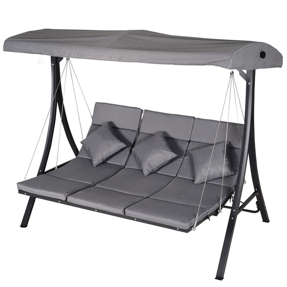 Outsunny Steel Pipe Garden Swing Chair | 3-Seater | Grey | Weather-resistant | Adjustable Canopy | 270kg Capacity