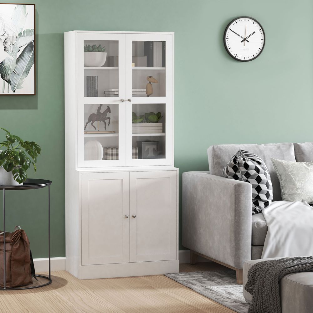 HOMCOM Modern Bookcase with Doors, Display Storage Cabinet with Adjustable Shelves for Living Room, Study, Office, White