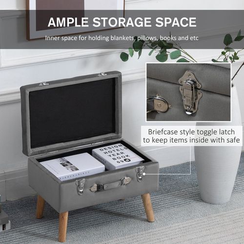 HOMCOM Velvet-Touch Suitcase Storage Stool Ottoman Suitcase 2 Latches Wood Legs