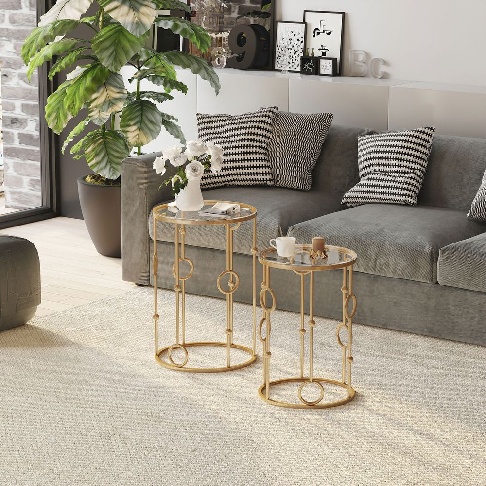 HOMCOM Round Coffee Tables Set of 2, Gold Nesting Side End Tables with Tempered Glass Top, Steel Frame for Living Room, Gold E
