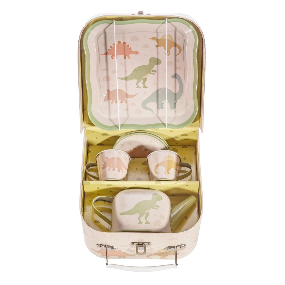 Dinosaur Tea Set for Kids - Tray, Teapot, Plates, Teacups - Tin, Earthy Greens - Not for Hot/Cold Drinks - Ages 3+ - D17.5xH9.5xW17cm