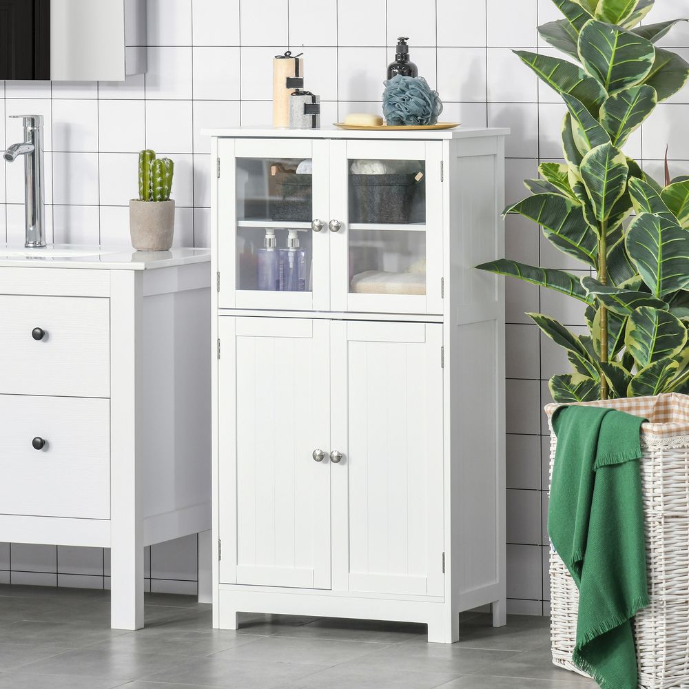 Bathroom Floor Storage Cabinet with Glass Doors - White