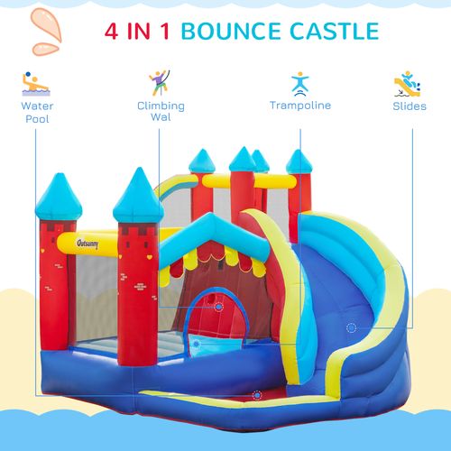 Outsunny 4 In 1 Kids Bouncy Castle, Large Inflatable House w/Trampoline, Slide, Water Pool, Climbing Wall, Includes Blower, Bag, Ages 3-8 Years, 2.9 x 2.7 x 2.3m