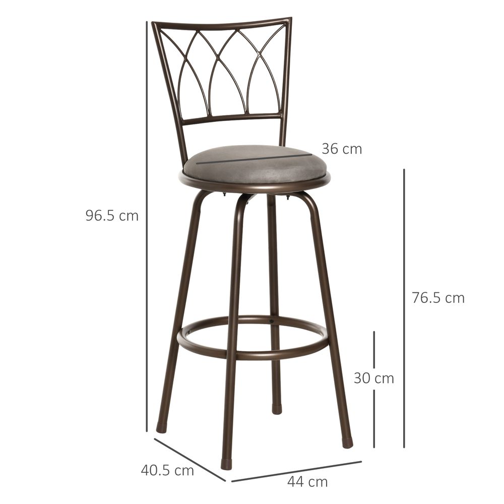 HOMCOM Set of 2 Bar Chairs Swivel Armless Upholstered Metal Frame Barstools with Backrest & Footrest, Bronze