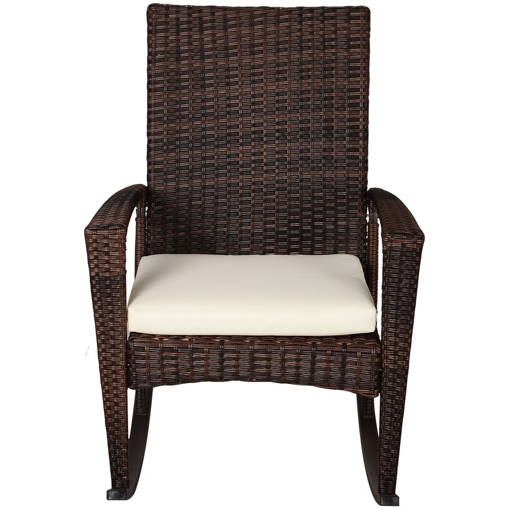 Outsunny Outdoor PE Rattan Rocking Chair, Garden Rocking Chair Set with Armrest and Cushion, Brown