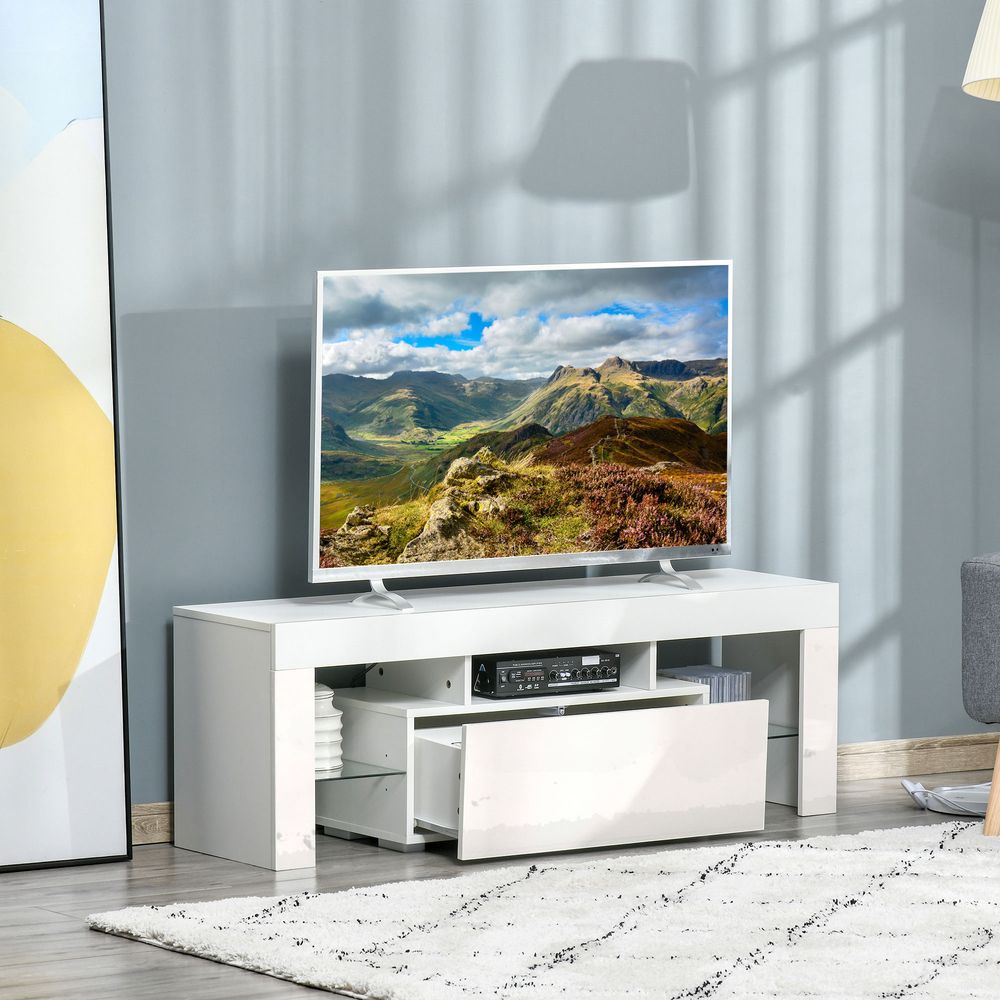 HOMCOM High Gloss TV Stand Cabinet with LED RGB Lights and Remote Control for 43"/50"/55" TV, Media TV Console Table with Storage Compartment, White