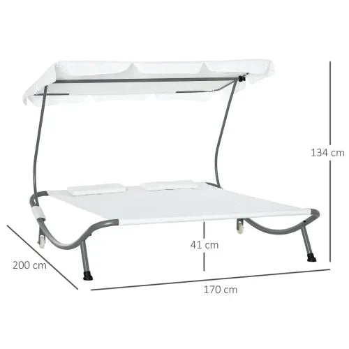 Double Hammock Sun Lounger Bed Canopy Shelter Wheels 2 Pillows Cream White
