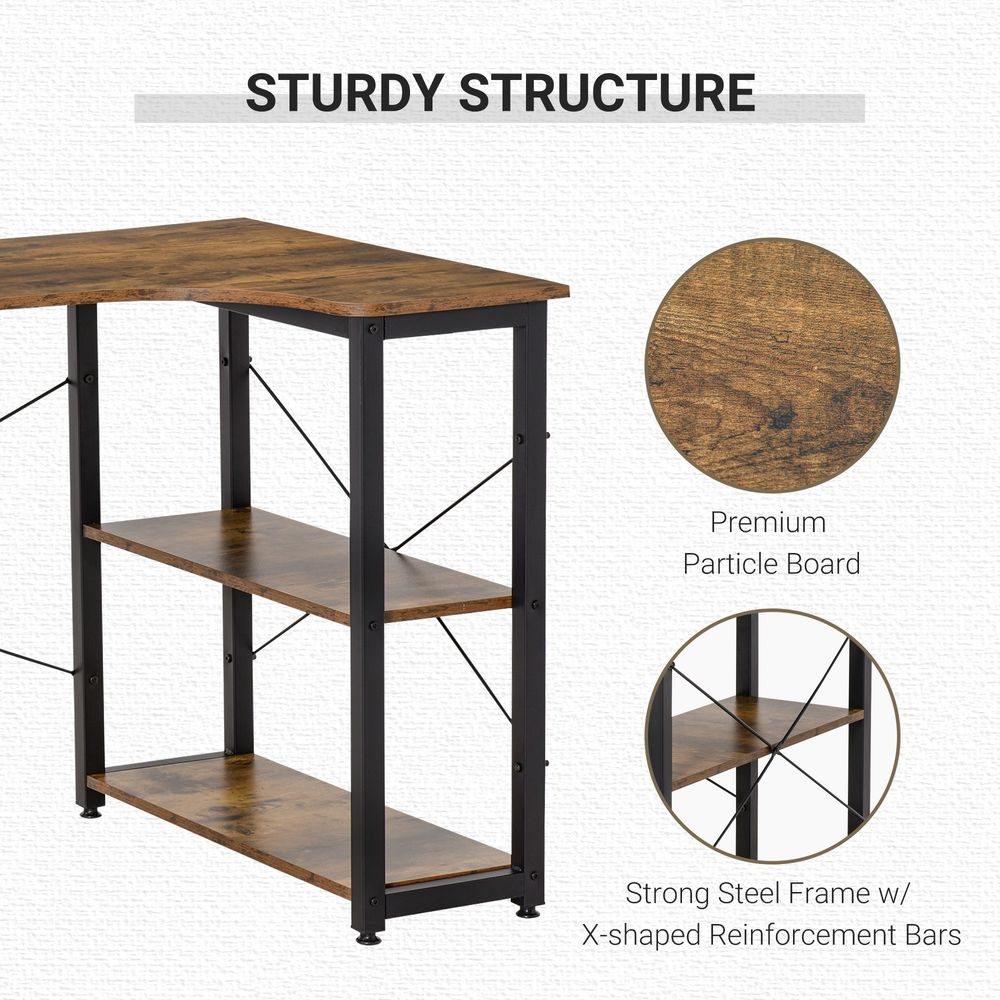 HOMCOM L Shaped Desk, Corner Computer Desk with Bookshelf for Home Office, Study Room, Workstation, 120 x 73.2 x 75cm, Rustic Brown