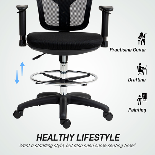 HOMCOM Drafting Stool Chair with Adjustable Armrest for Standing Desk, Black