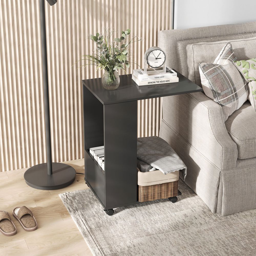 Mobile Sofa Side Table for Laptop Coffee w/ Storage and Casters, Black