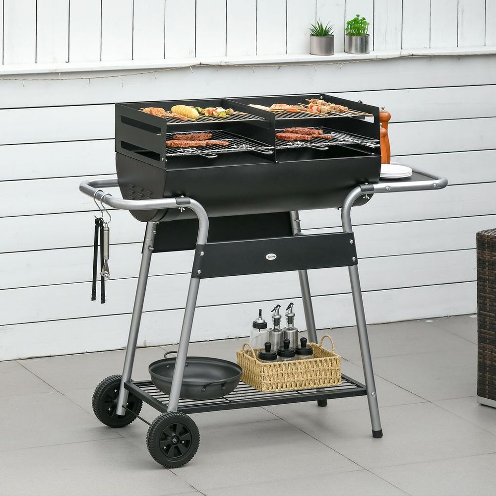 Outsunny Charcoal BBQ Grill - Double Grill, Table, Storage Shelf & Wheels - High-Quality Steel