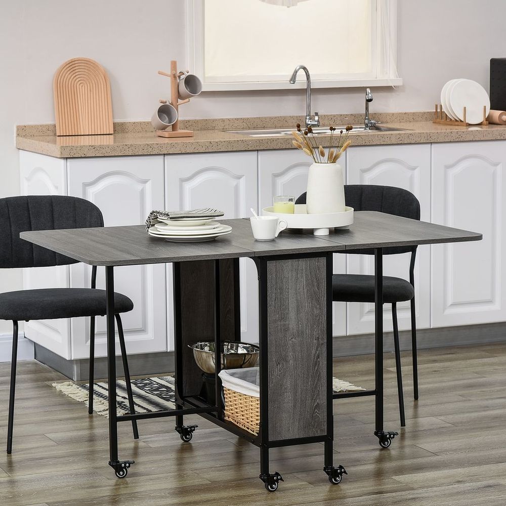 HOMCOM Mobile Drop Leaf Table Folding Kitchen Table Extendable Dining Table For Small Spaces With 6 Wheels & Storage Shelf Grey