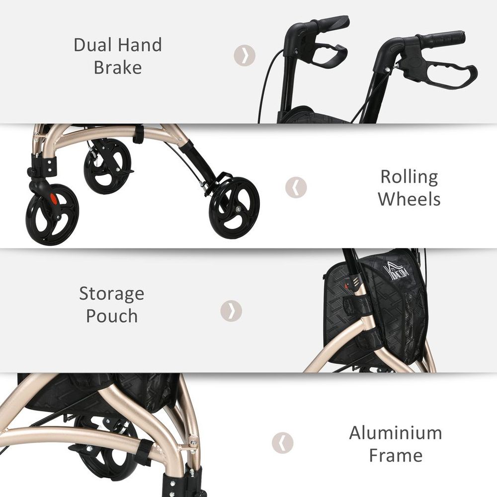 HOMCOM Lightweight Aluminium 3-Wheel Rollator with Adjustable Handle Storage Bag