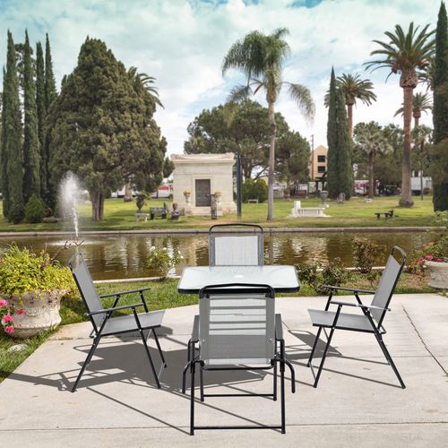 5Pc Garden Dining Set 4 Folding Chairs, Glass Top Table Texteline Seats, Black