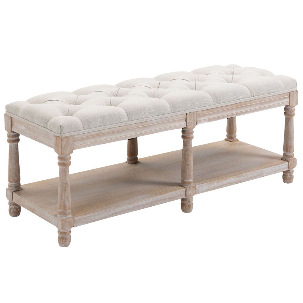 HOMCOM 2-Tier Bed End Bench, Vintage Stool, Wooden Window Seat with Storage Shelf, Button Tufted Upholstered Footstool for Living Room, Bedroom, Entryway, Cream White