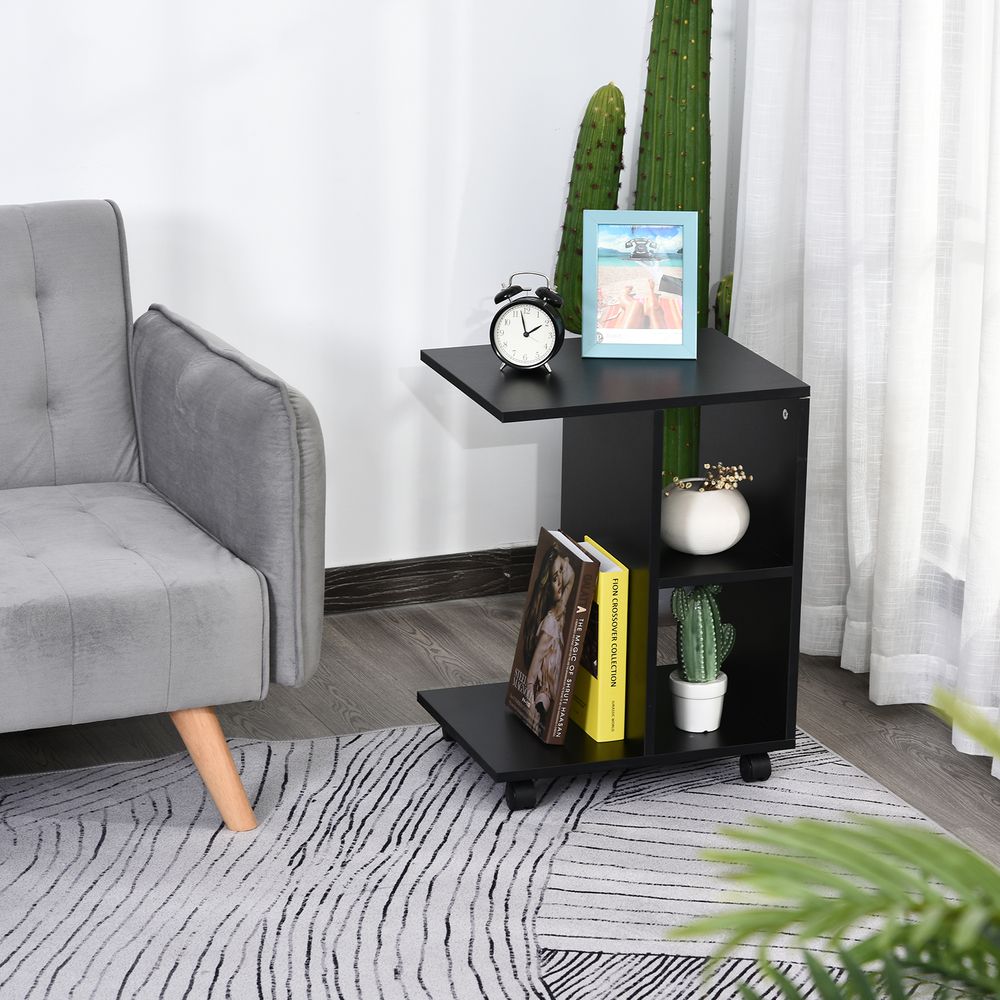 HOMCOM C-Shape End Table Unique Storage Unit w/ 2 Shelves 4 Wheels Freestanding Home Office Furniture Cabinet Square Studio Black