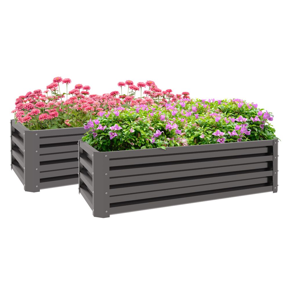 Outsunny Steel Raised Garden Bed, Set of 2, Grey
