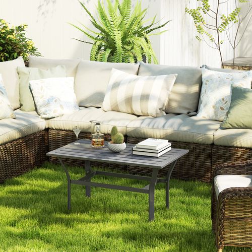 Outsunny Metal Garden Coffee Table with Slatted Tabletop, Dark Grey